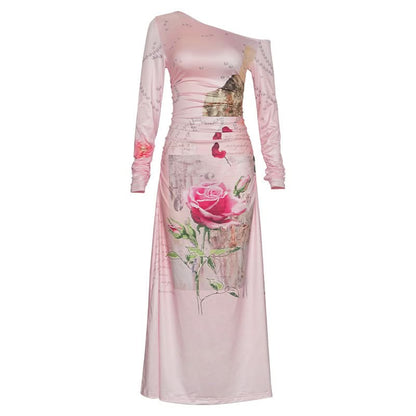 Long sleeve irregular flower print ruched maxi dress