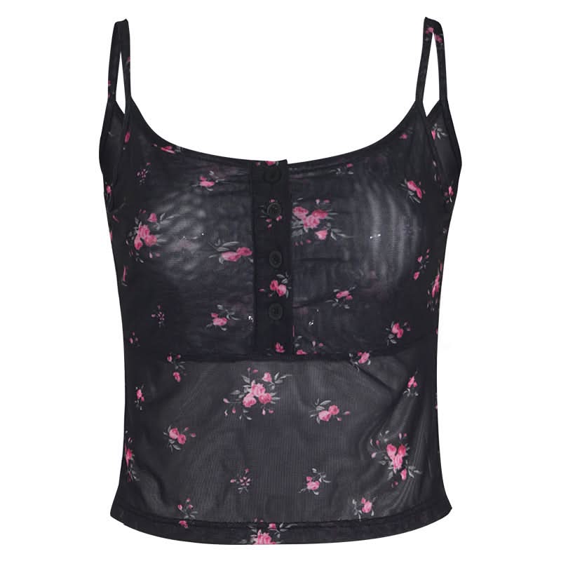 Sheer mesh button u neck flower print cami top