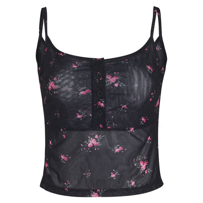 Sheer mesh button u neck flower print cami top