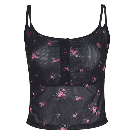 Sheer mesh button u neck flower print cami top