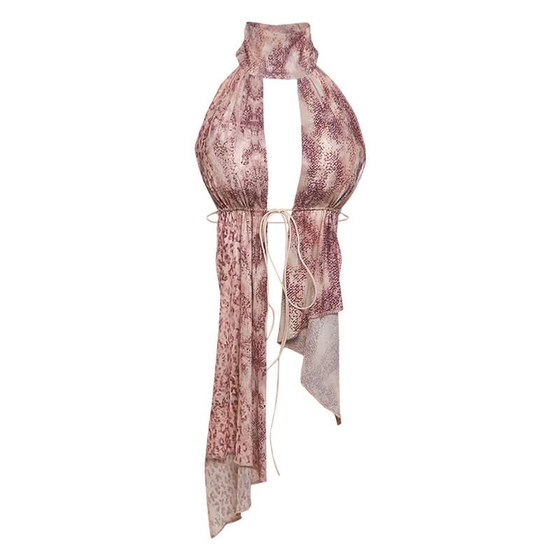 Button mesh halter print self tie top