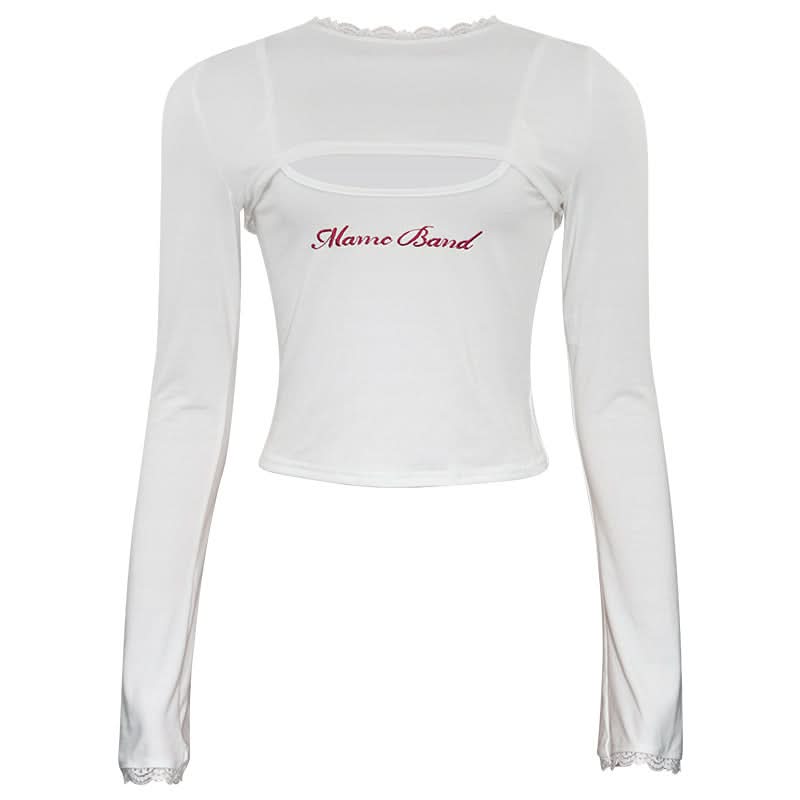 Long sleeve hoodie lace hem embroidery 2 piece top