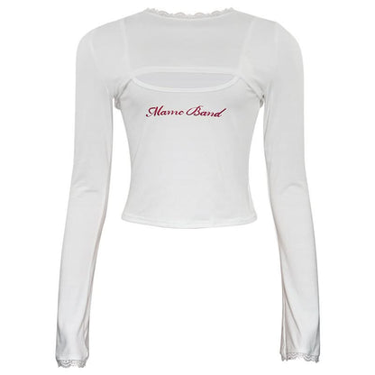Long sleeve hoodie lace hem embroidery 2 piece top