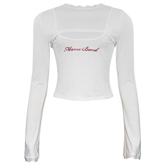 Long sleeve hoodie lace hem embroidery 2 piece top