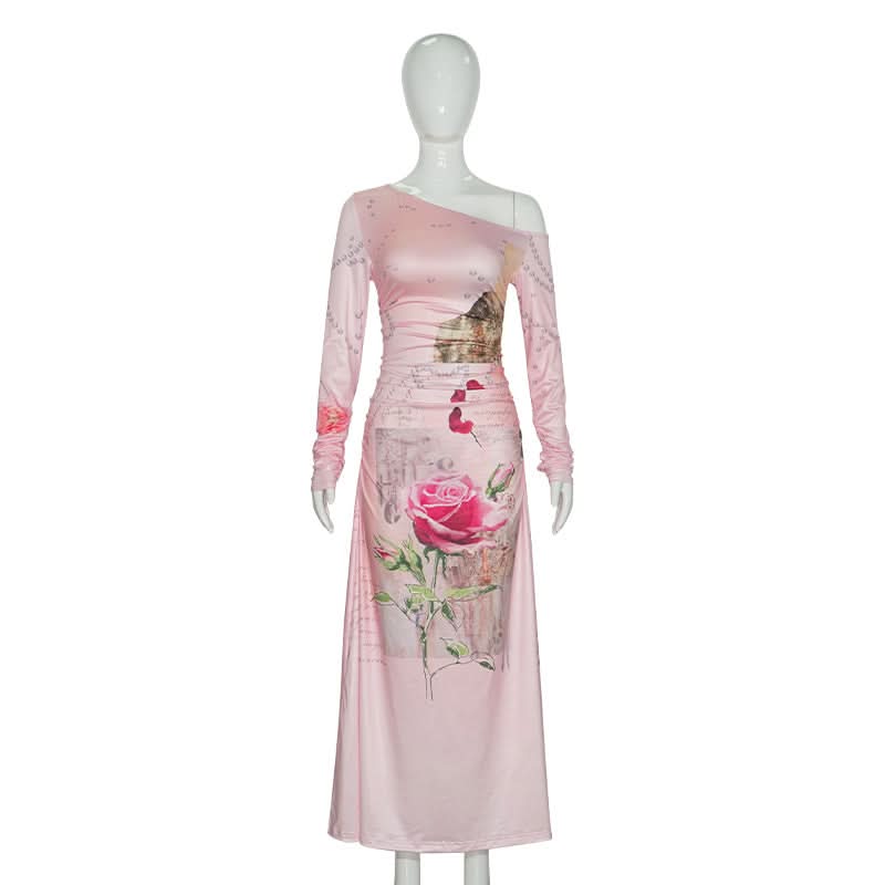 Long sleeve irregular flower print ruched maxi dress
