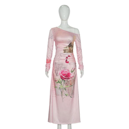 Long sleeve irregular flower print ruched maxi dress