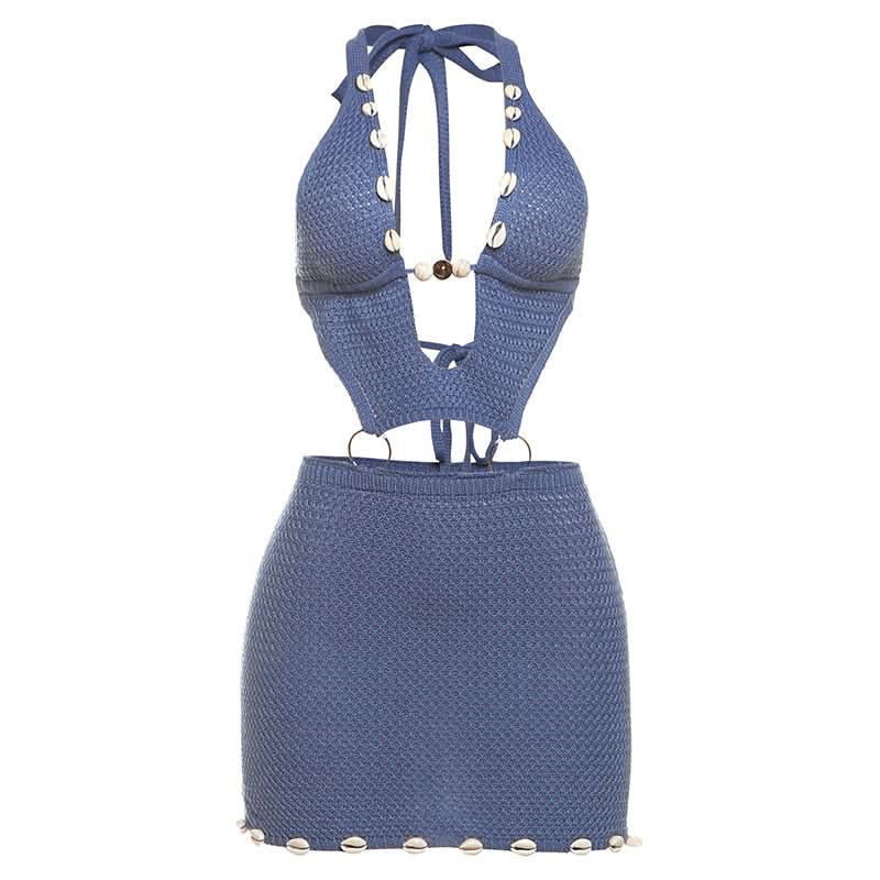 Halter self tie o ring hollow out knitted mini dress