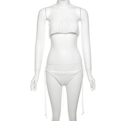 Hollow out halter self tie solid backless pant set