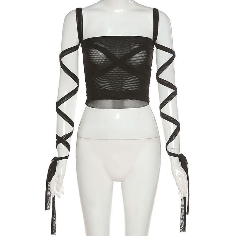 Self tie square neck mesh solid cami top