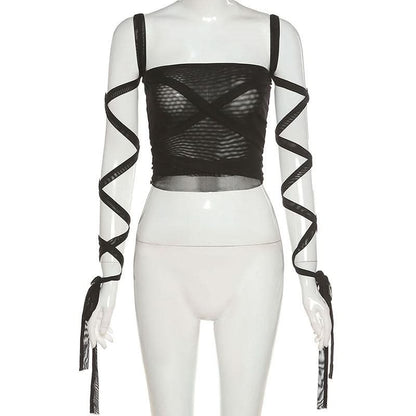 Self tie square neck mesh solid cami top