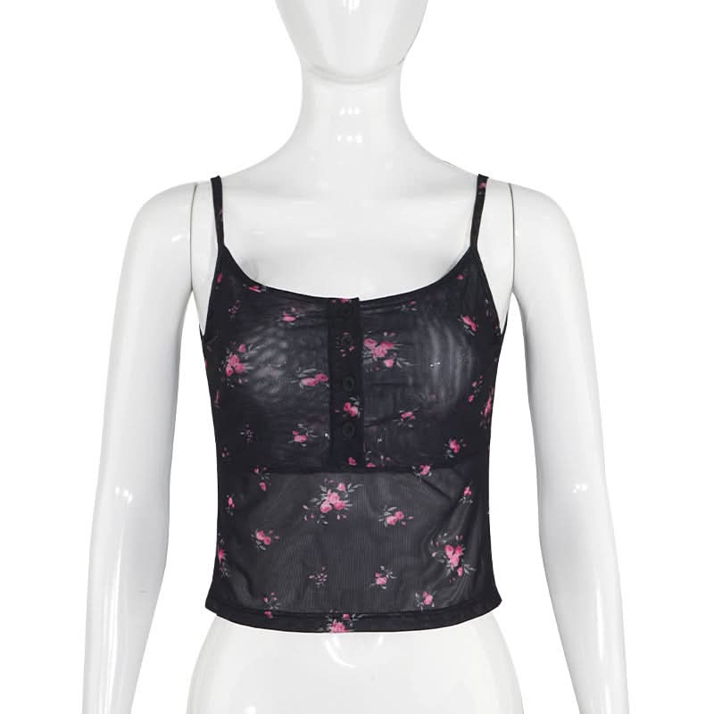 Sheer mesh button u neck flower print cami top