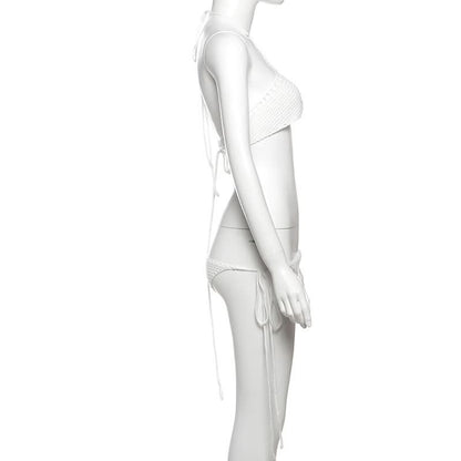 Hollow out halter self tie solid backless pant set