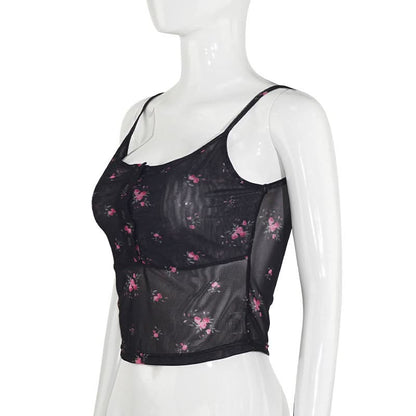 Sheer mesh button u neck flower print cami top