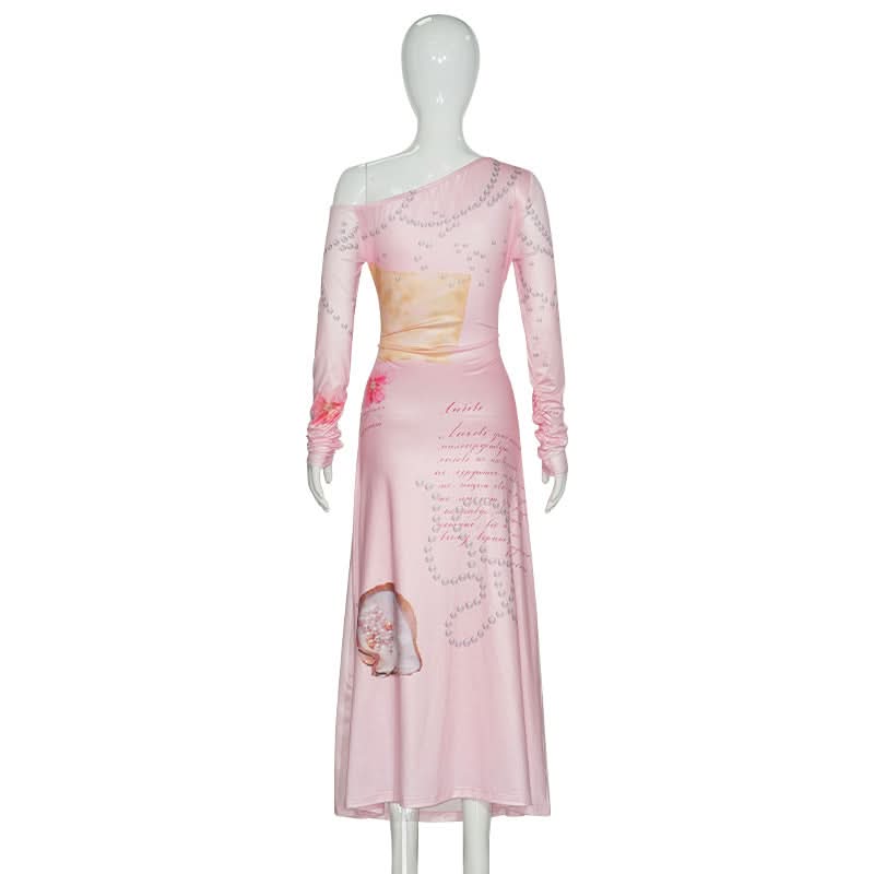 Long sleeve irregular flower print ruched maxi dress