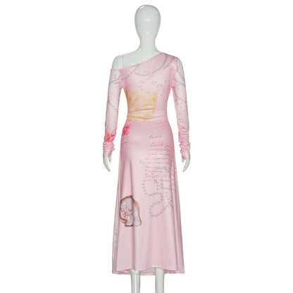 Long sleeve irregular flower print ruched maxi dress