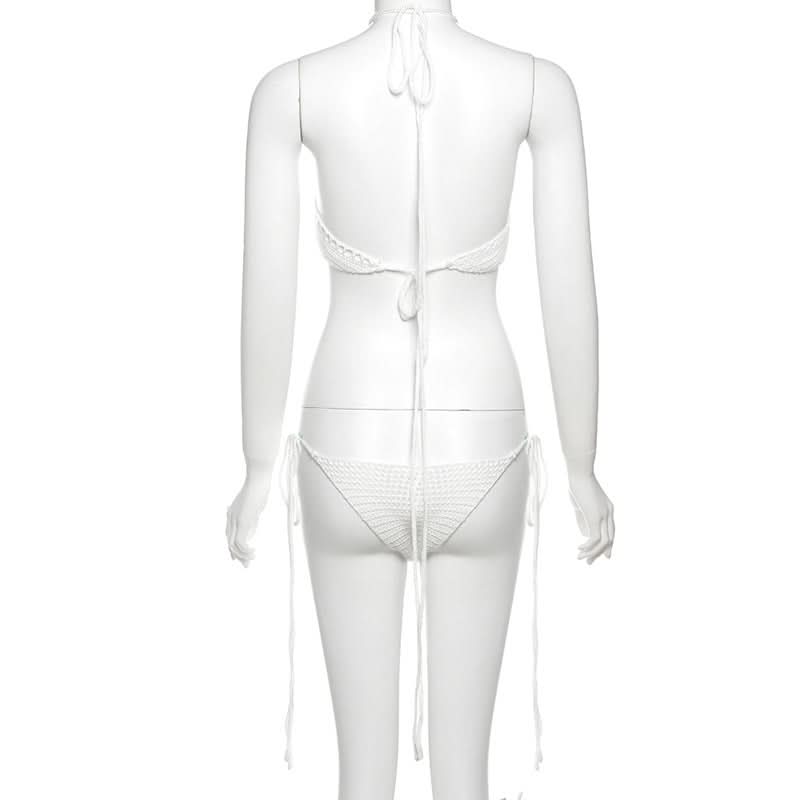 Hollow out halter self tie solid backless pant set