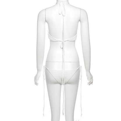 Hollow out halter self tie solid backless pant set