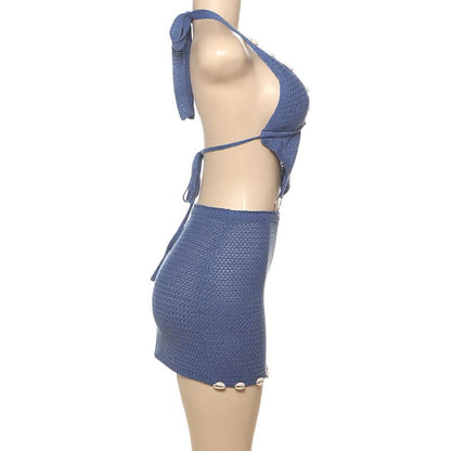 Halter self tie o ring hollow out knitted mini dress
