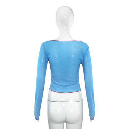 Long sleeve ribbed letter embroidery top