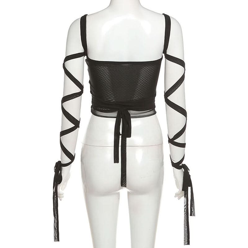 Self tie square neck mesh solid cami top