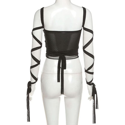 Self tie square neck mesh solid cami top