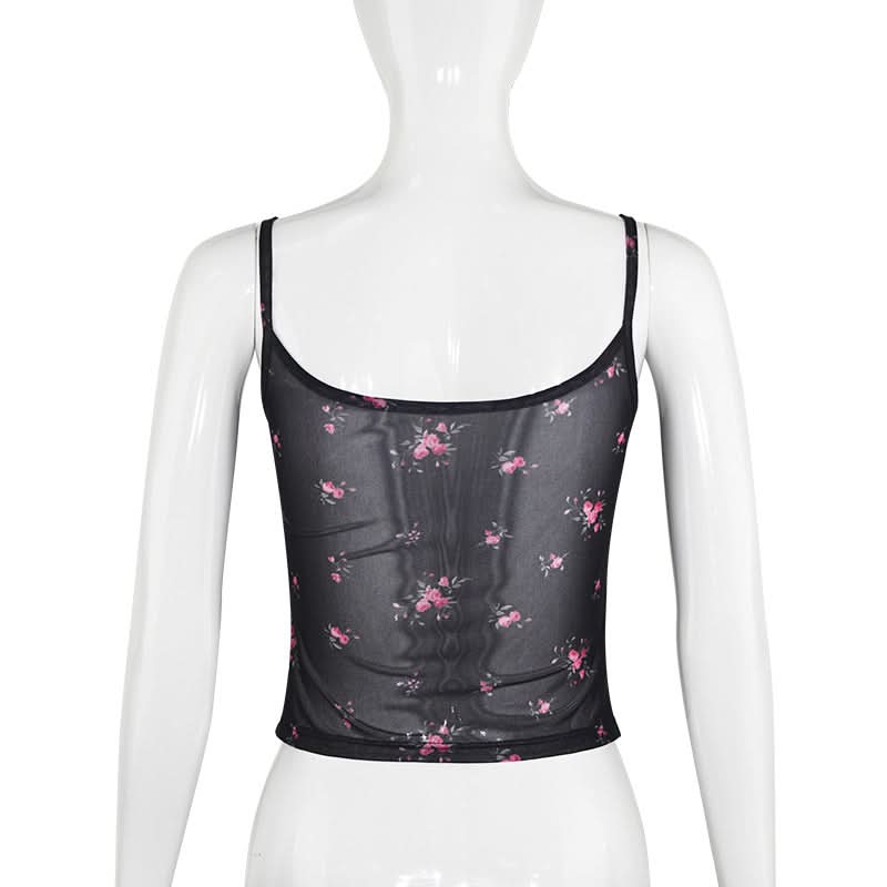 Sheer mesh button u neck flower print cami top