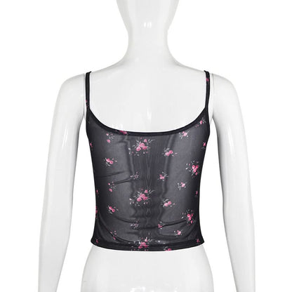 Sheer mesh button u neck flower print cami top