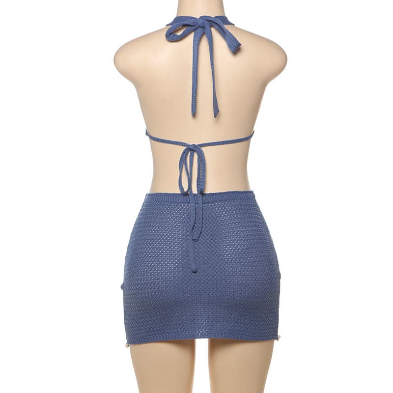Halter self tie o ring hollow out knitted mini dress