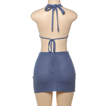 Halter self tie o ring hollow out knitted mini dress