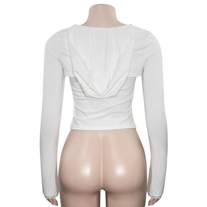 Long sleeve hoodie lace hem embroidery 2 piece top