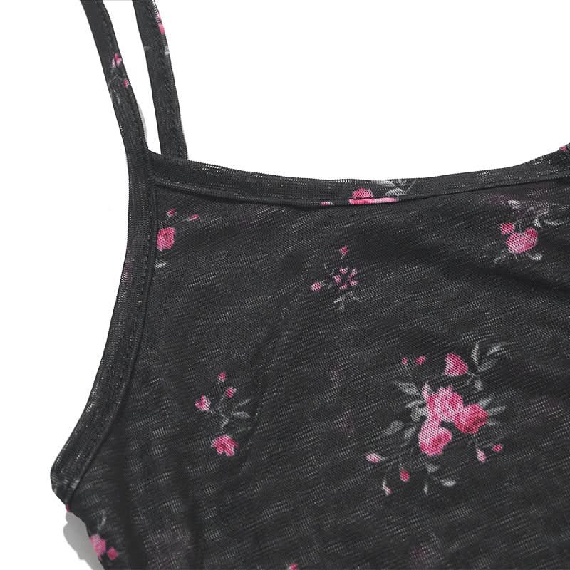 Sheer mesh button u neck flower print cami top