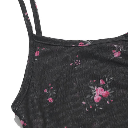 Sheer mesh button u neck flower print cami top