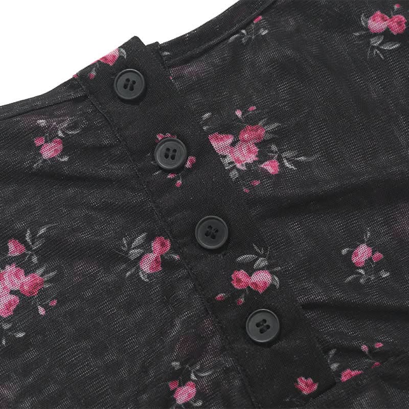 Sheer mesh button u neck flower print cami top