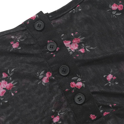 Sheer mesh button u neck flower print cami top