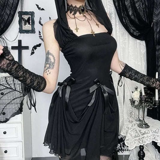 Bowknot hoodie square neck mesh 2-way maxi dress