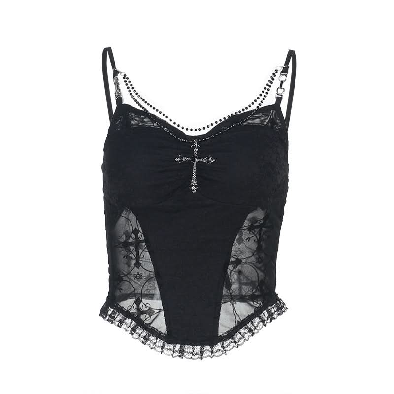 Lace hem v neck beaded ruched cami top