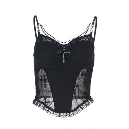 Lace hem v neck beaded ruched cami top
