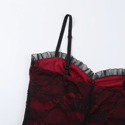 Ruffle lace up lace backless cami maxi dress