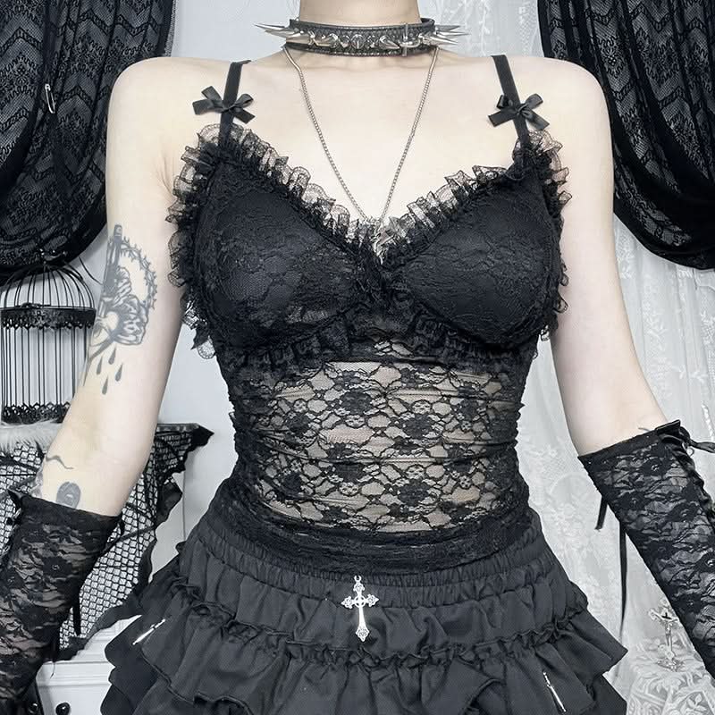 Bowknot lace v neck ruched cami top