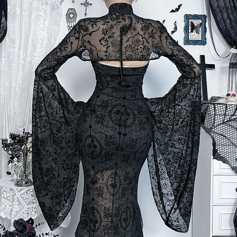 Long flared sleeve print solid mesh top
