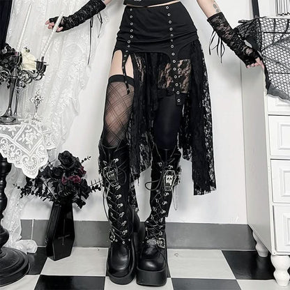 Irregular lace patchwork solid midi skirt