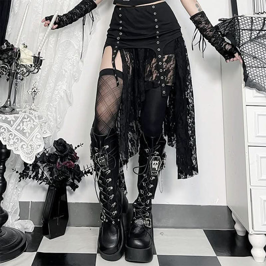 Irregular lace patchwork solid midi skirt