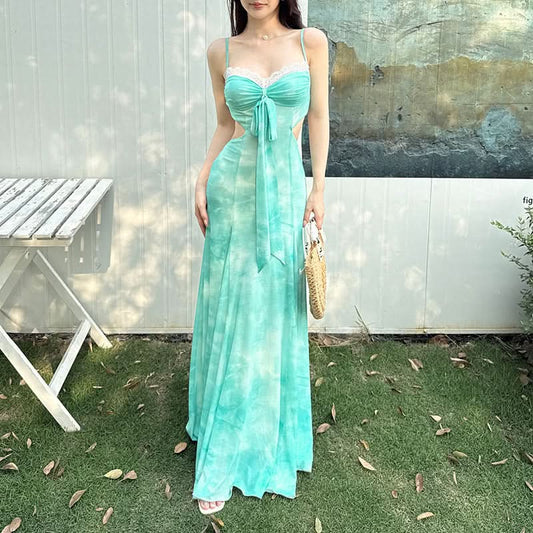 Ruched lace hem zip-up print v neck maxi dress