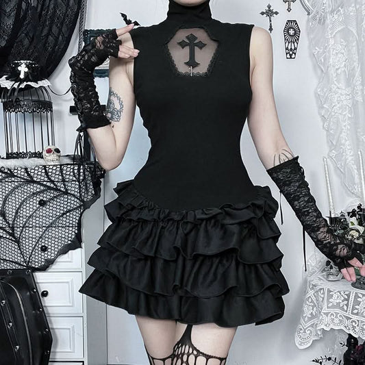 High neck ruffle lace hem ruched mini dress