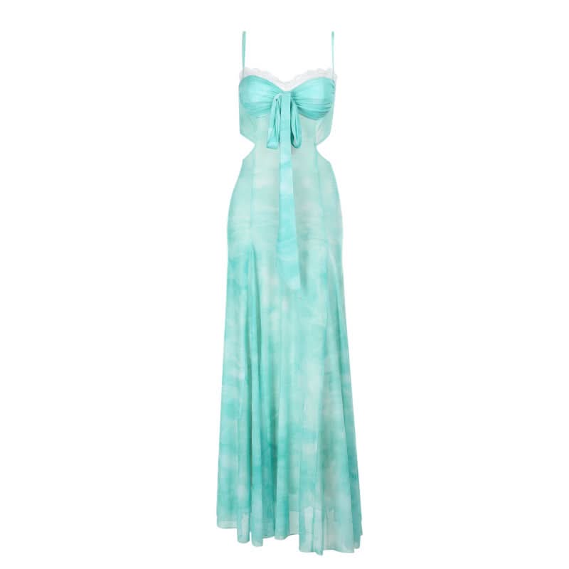 Ruched lace hem zip-up print v neck maxi dress