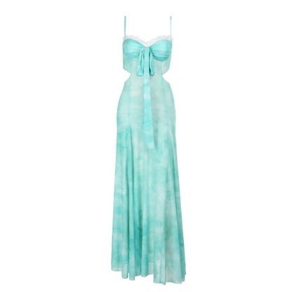 Ruched lace hem zip-up print v neck maxi dress