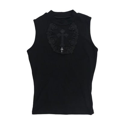 Crewneck mesh solid cross pattern top