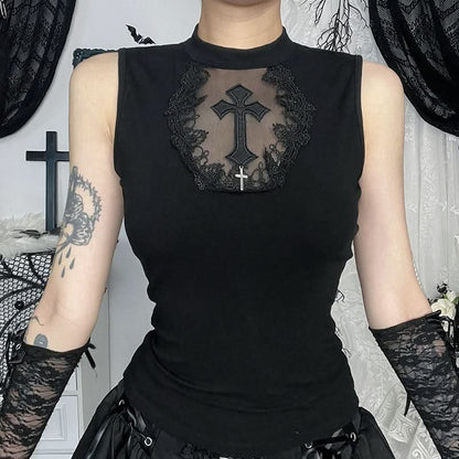 Crewneck mesh solid cross pattern top
