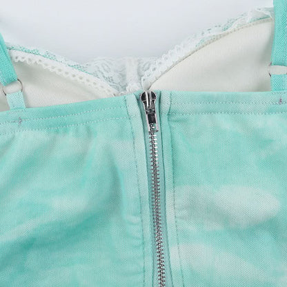 Ruched lace hem zip-up print v neck maxi dress