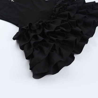 High neck ruffle lace hem ruched mini dress